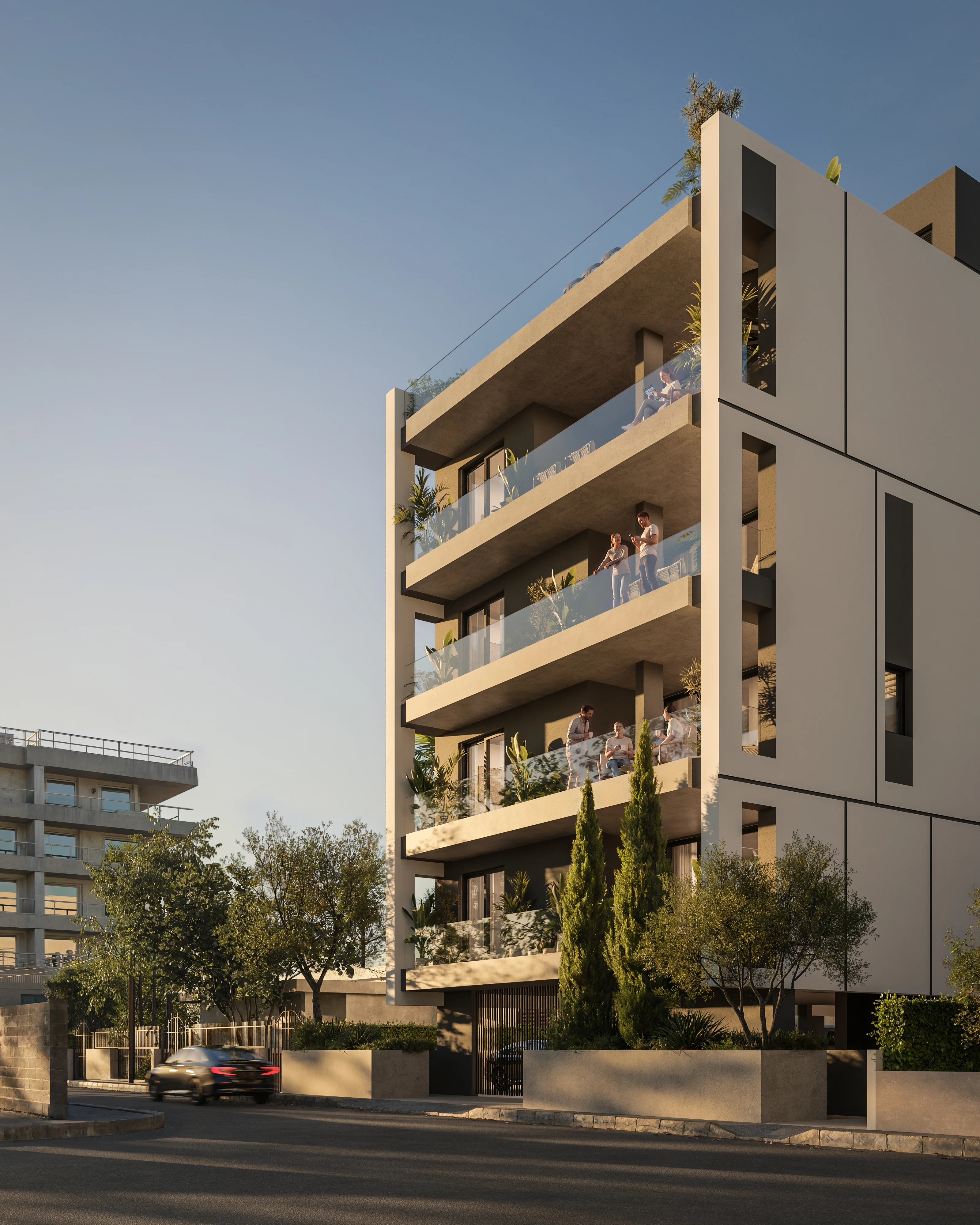 Street view of building facade with covered verandas, Katholiki, Limassol