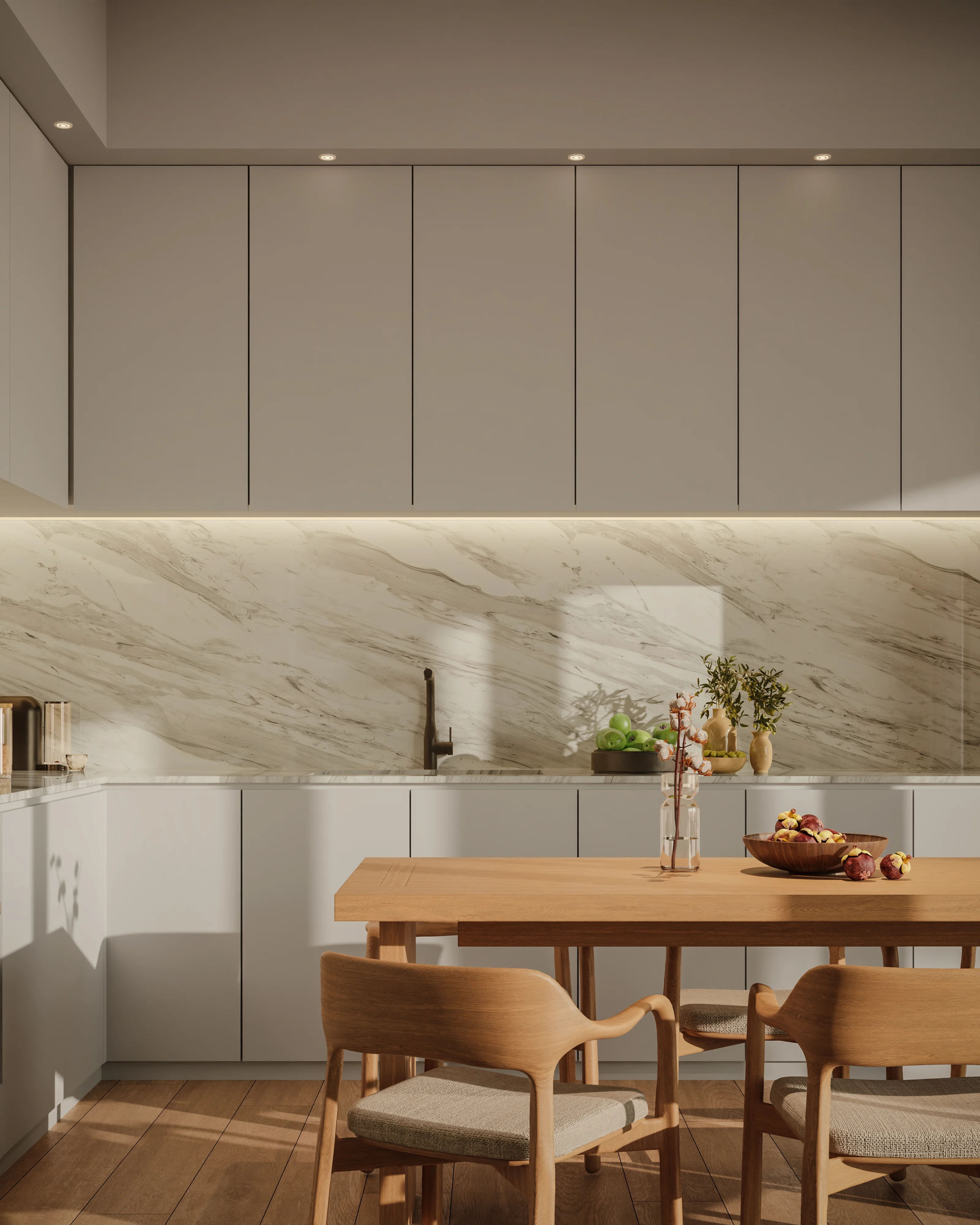 Kitchen with marble backsplash