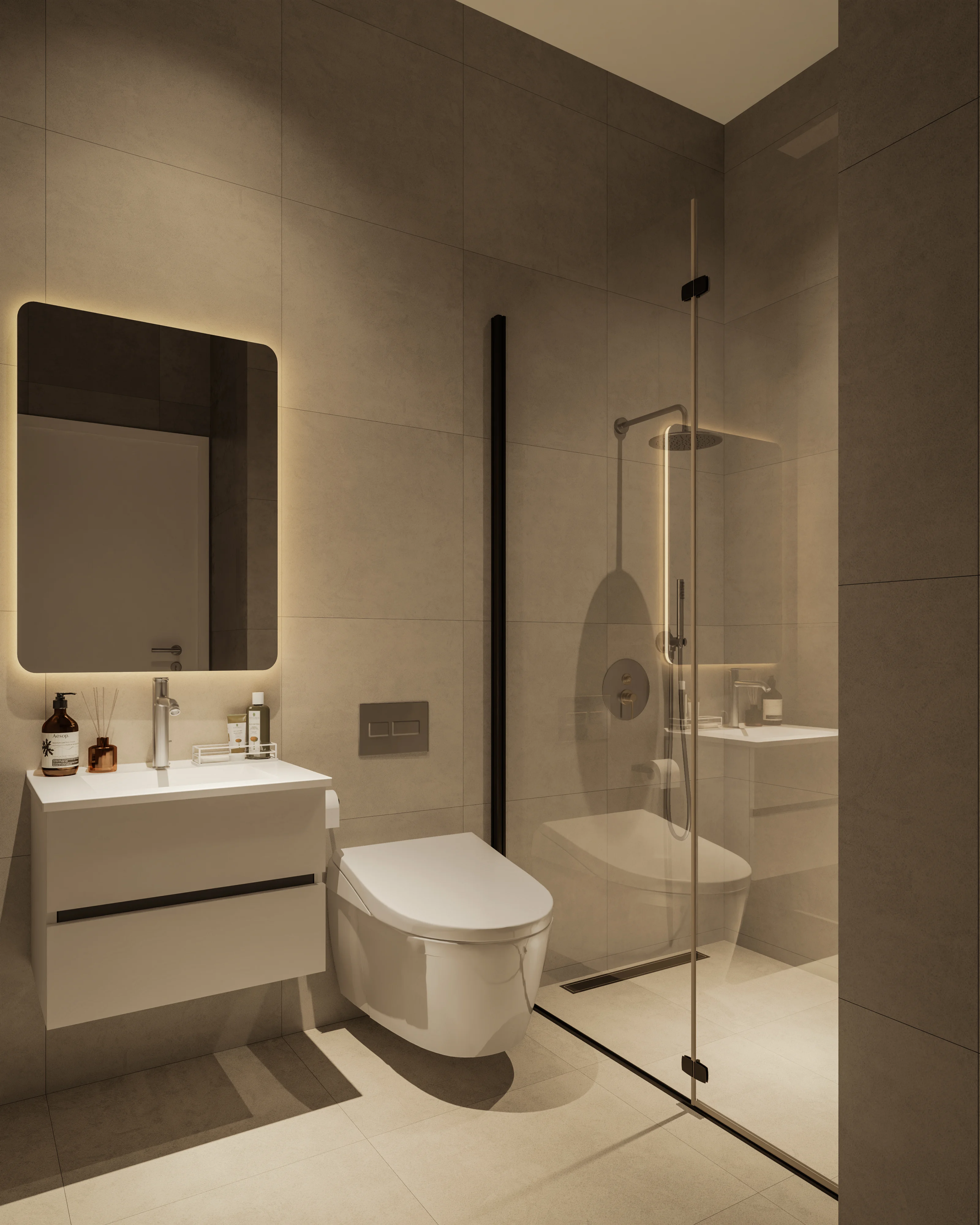 Bathroom with walk-in shower and backlit mirror