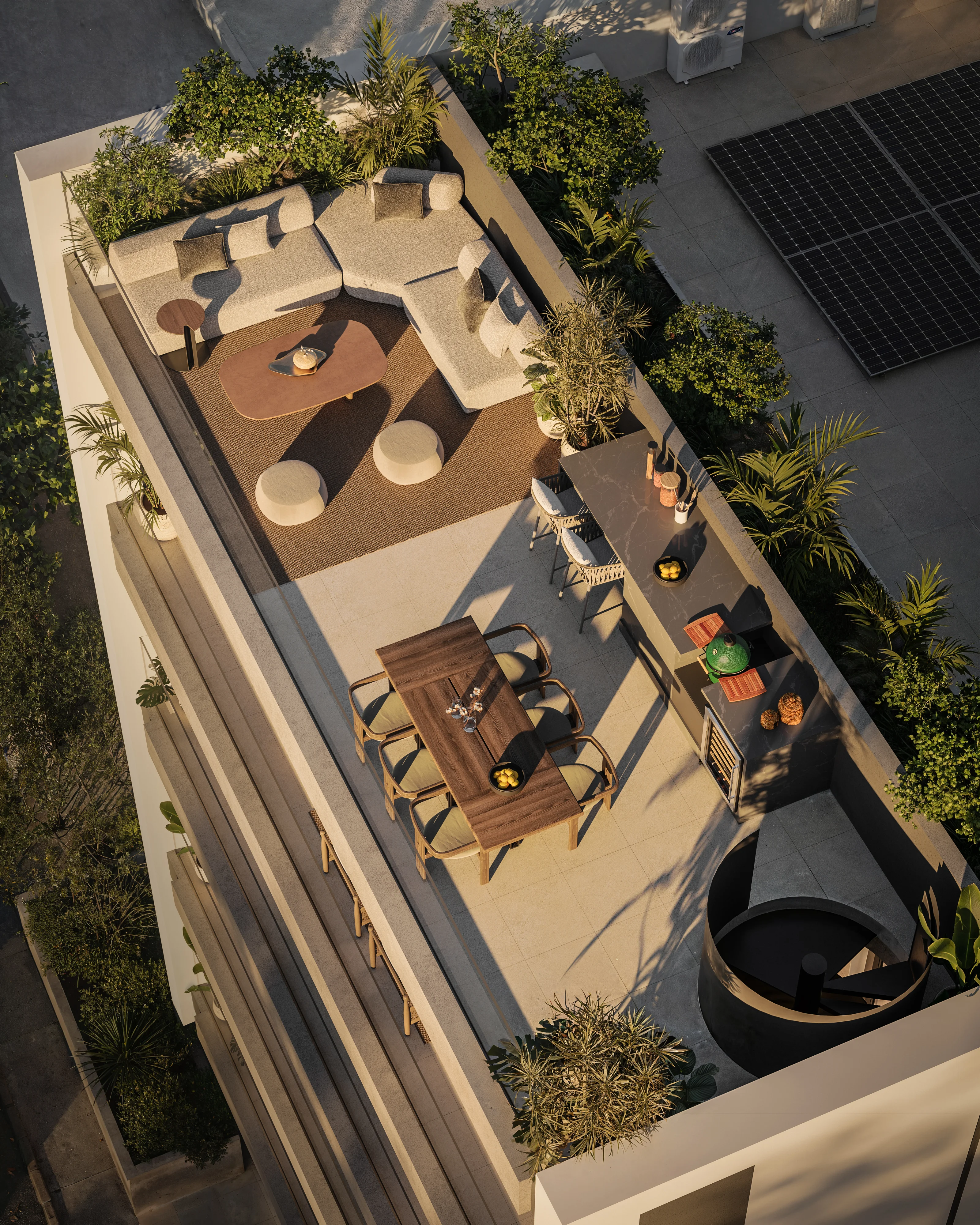 Top-down view of roof terrace with outdoor dining