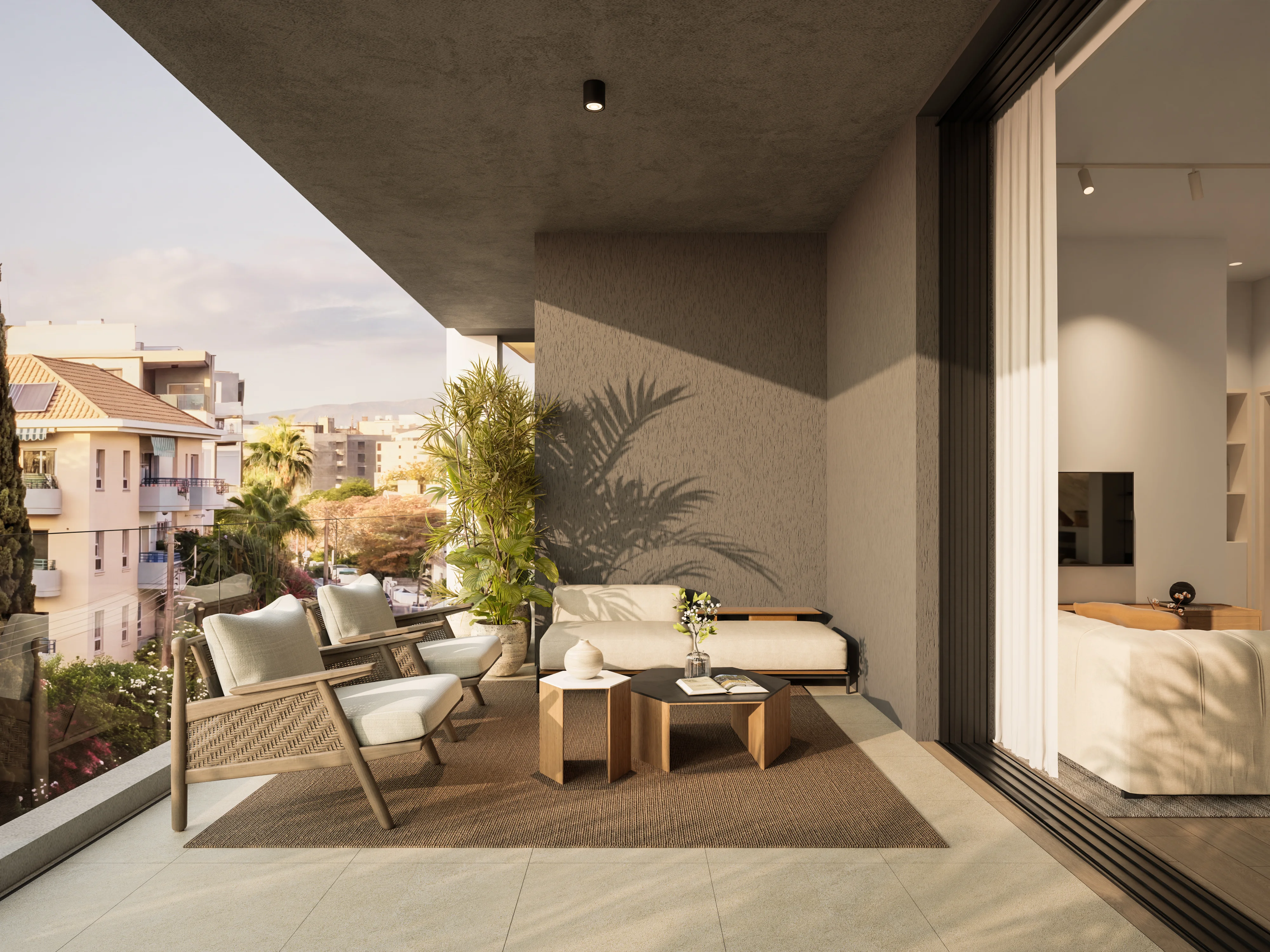 Covered veranda with seating and city view