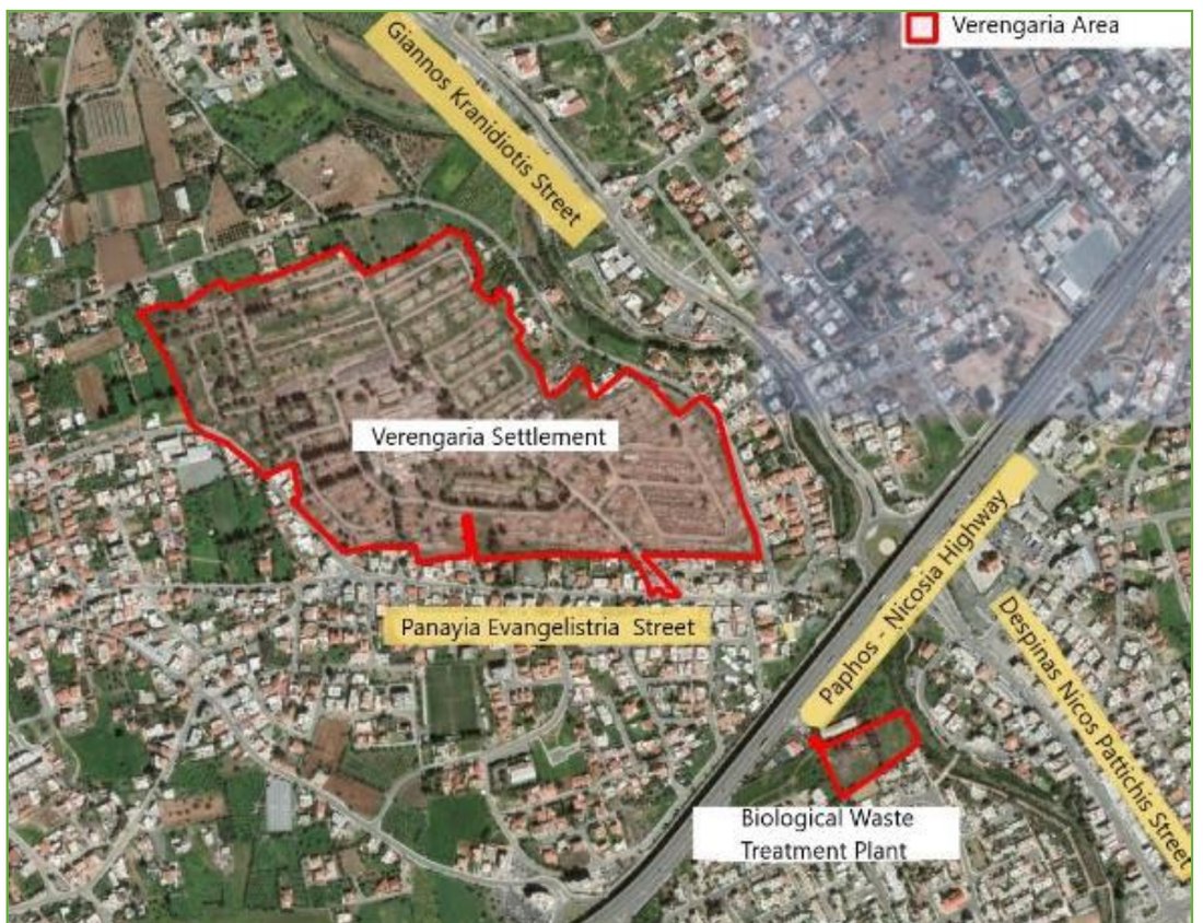 he Verengaria site, outlined in red, between Giannos Kranidiotis Street and the Paphos to Nicosia highway.